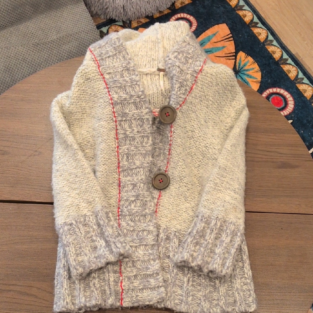 Free People Kids Knit Jacket - Cream and Gray with Red Accents